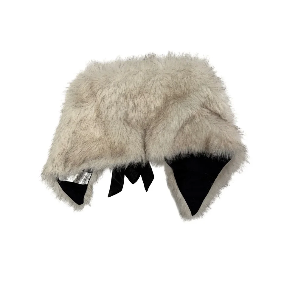 Faux Fur Collar Wrap Scarf with Ribbon Tie Cream Grey One Size